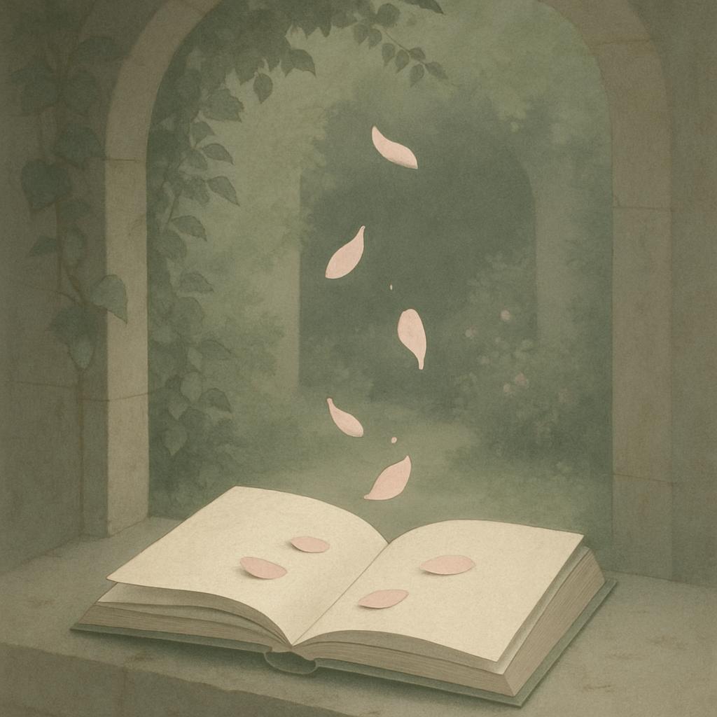 Painterly depiction of an open book on a ledge with autumnal leaves falling into the air.
