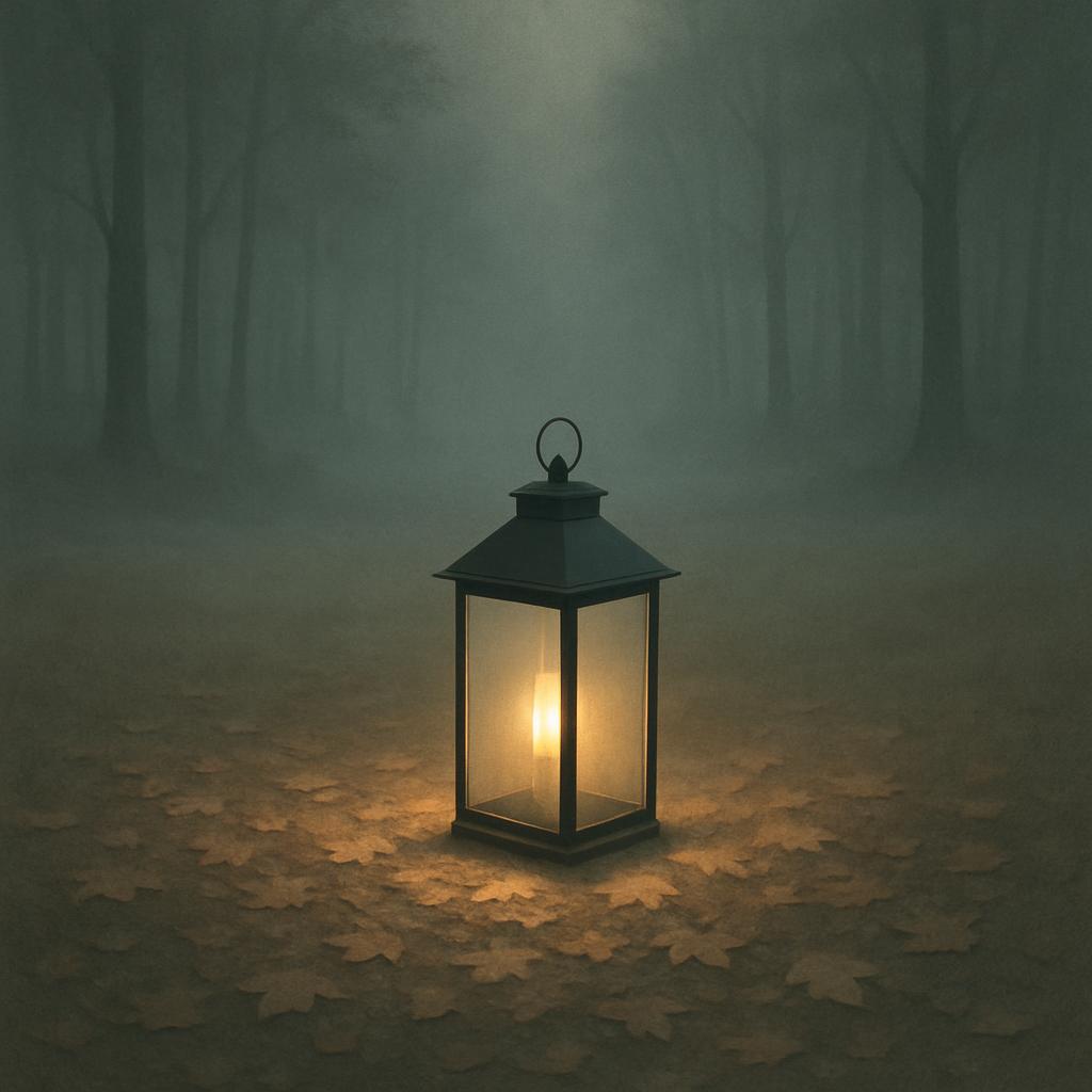 A lantern with a lighted candle inside, standing on the ground in a forest with fallen dry leaves, surrounded by mist and ...